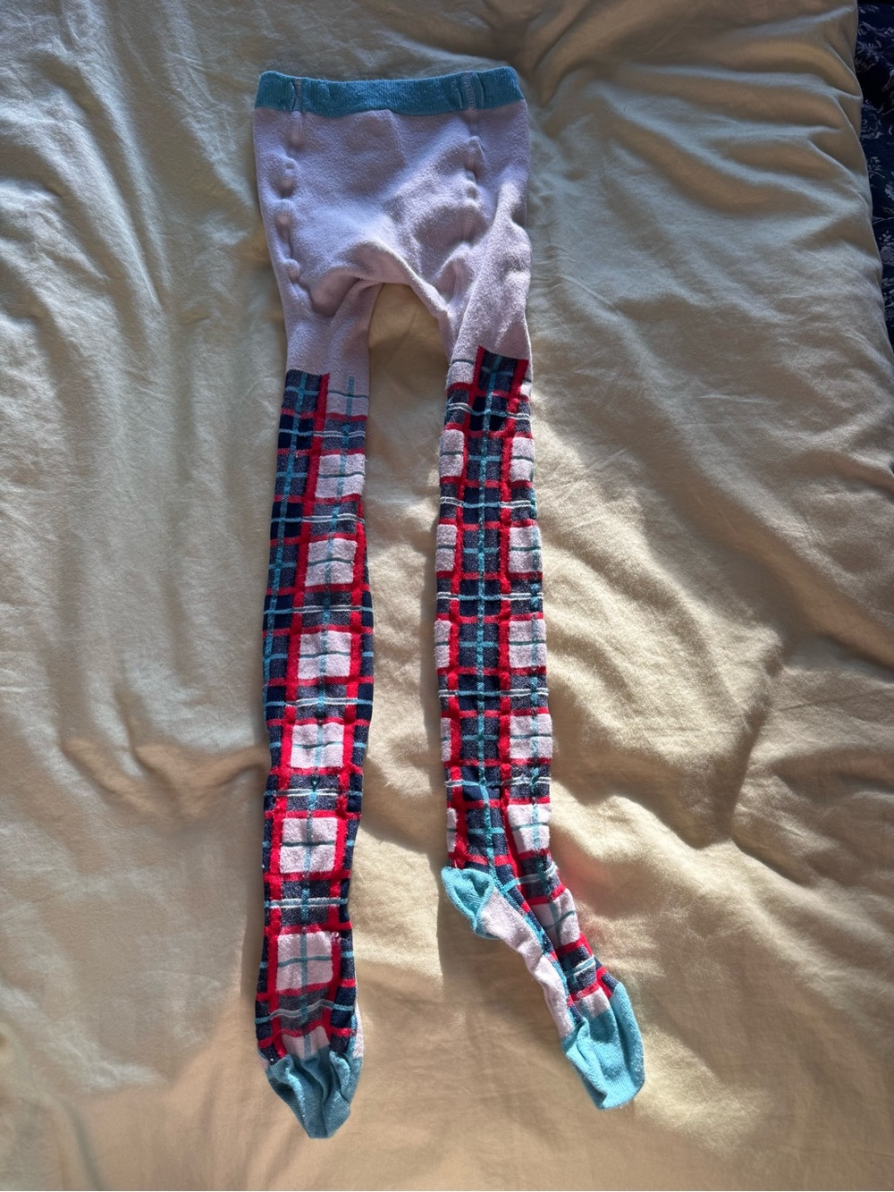 Boden Pink Plaid Tights with Teal Accents